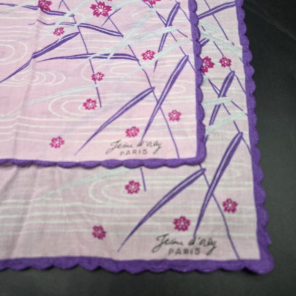 Vintage Set Lot Of 2 Jean Jeou D'Orly Paris Floral Handkerchiefs Pink Purple